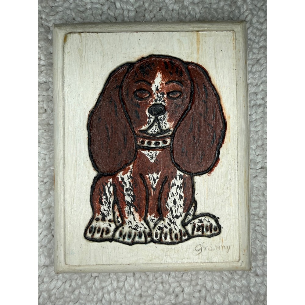 Vintage Folk Art Wood Carving Dog Plaque Signed Granny Beagle Spaniel Wall Decor
